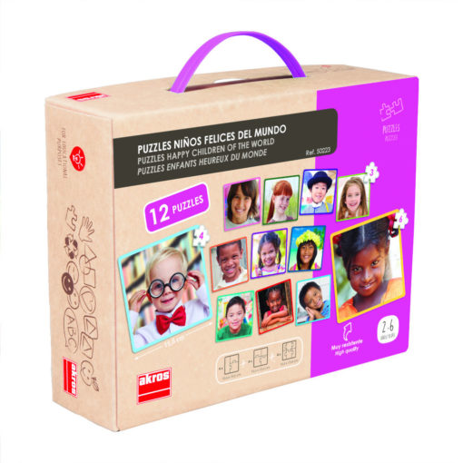 12 Puzzles Happy Children of the World im stabilen Pappkarton mit Kunststoffgriff. Übersicht des Inhalts - quadratische Puzzle mit Fotos von unterschiedlichen Kindern.