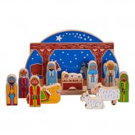 Krippenfiguren of Color aus Holz, Stall im Hintergrund, Schafe, Kamel