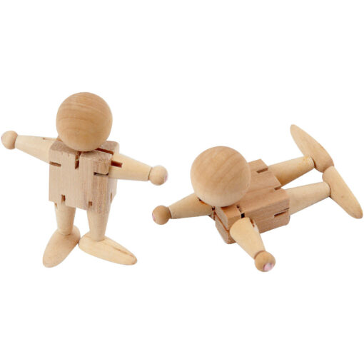 Zwei Holzpüppchen mit bewegbaren Armen, Beinen und Kopf