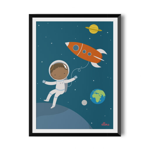 Schwarze Astronautin im Weltraum mit roter Rakete und weißem Raumanzug, Kinderbild